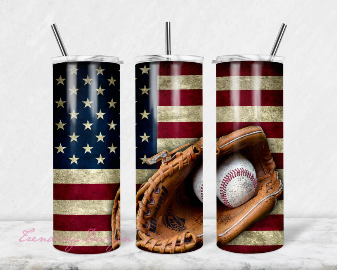 Great looking baseball & flag graphics on stainless steel skinny tumbler