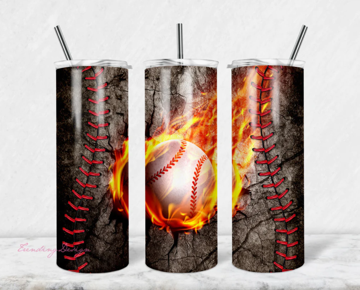 Flaming Baseball graphics on a stainless steel skinny tumbler