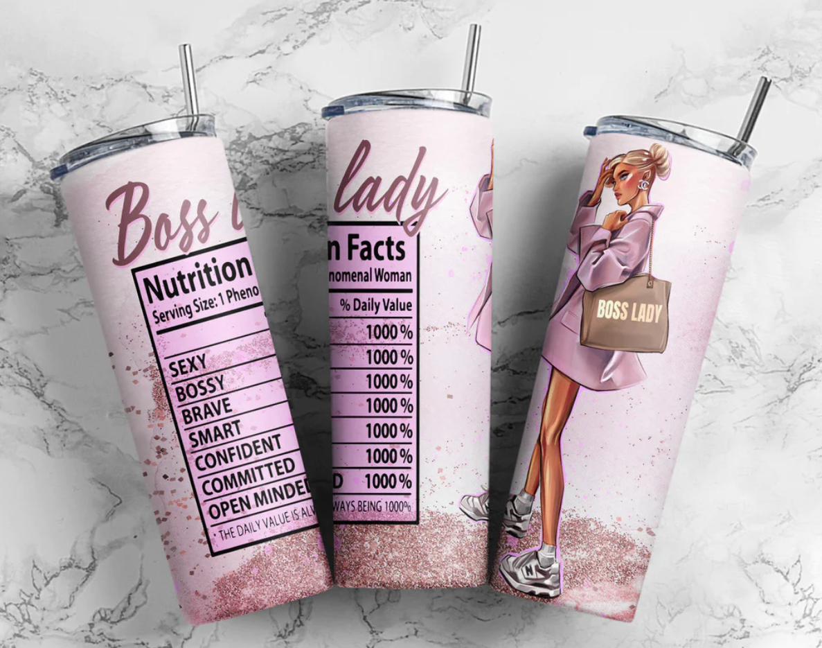 Lady Boss Nutrition graphics on stainless steel skinny tumbler