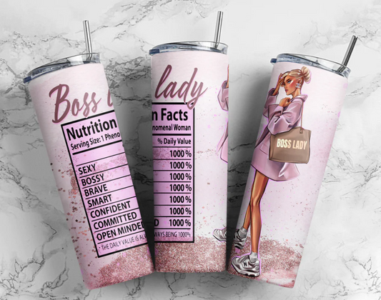 Lady Boss Nutrition graphics on stainless steel skinny tumbler