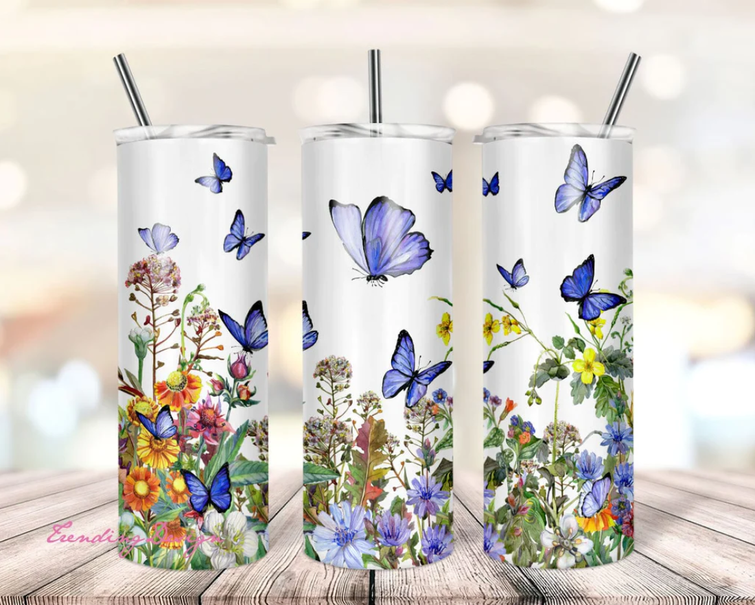 Beautiful butterfly design, 20 or 30oz stainless steel skinny tumbler 