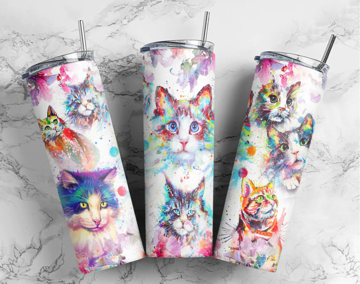 Cat graphics on a stainless steel skinny tumbler