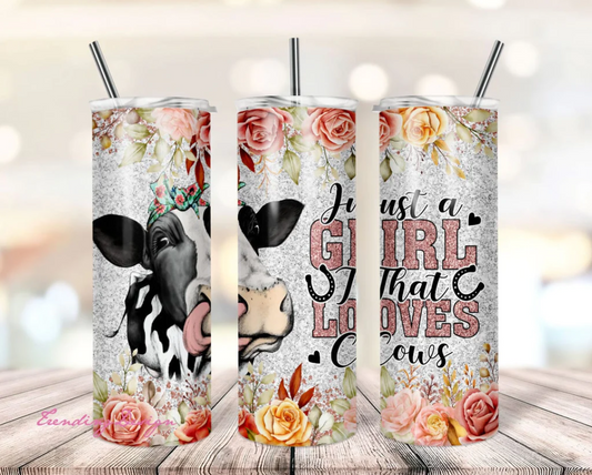 Girl Loves Cows graphics on stainless steel skinny tumbler