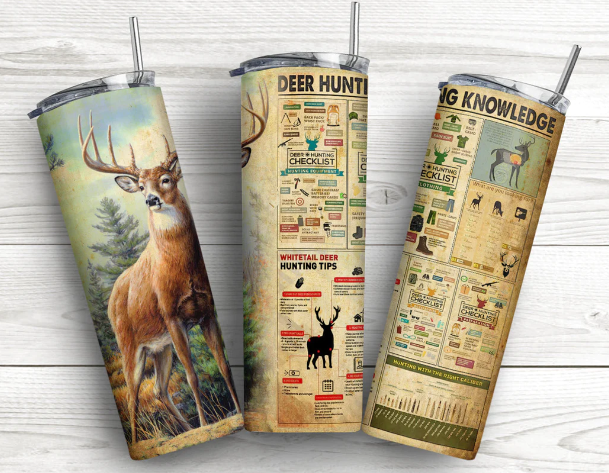 Deer Hunting Instruction graphics on stainless steel skinny tumbler