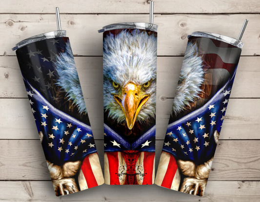 Awesome eagle and flag graphics on a stainless steel skinny tumbler