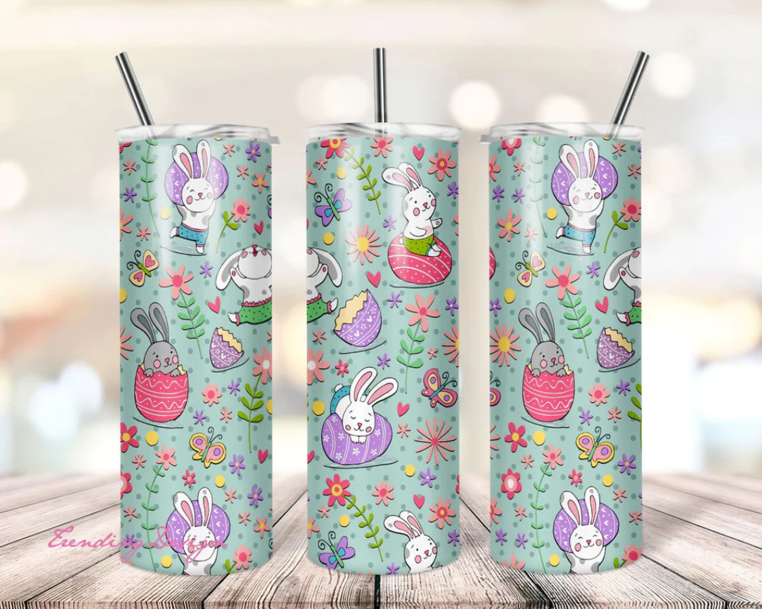 Easter themed graphics on stainless steel skinny tumbler