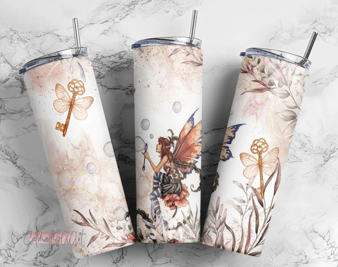 Light hearted fairy graphics on stainless steel skinny tumbler