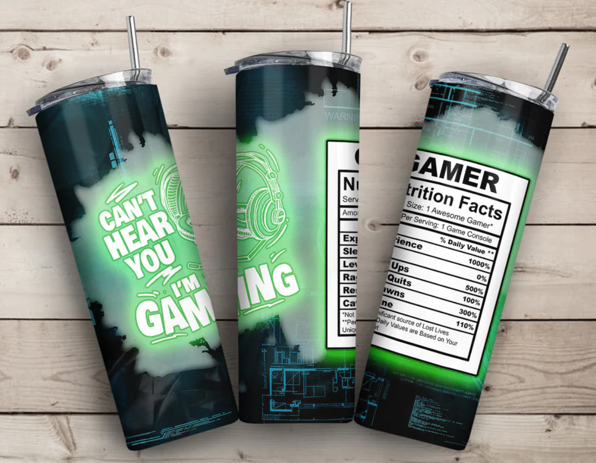 Gamer Nutrition graphics on stainless steel skinny tumbler