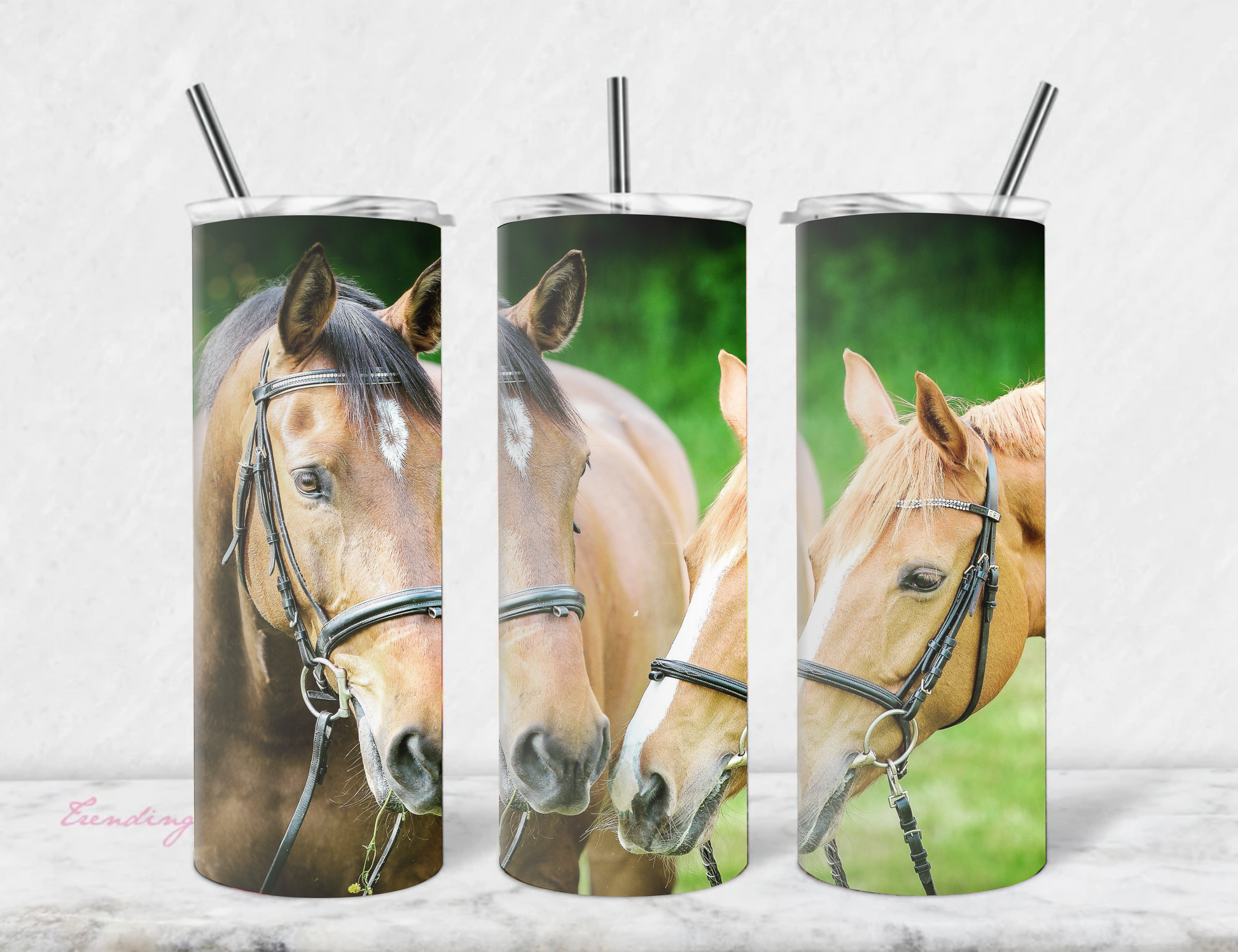 Beautiful horses on stainless steel vacuum insulated skinny tumbler. 