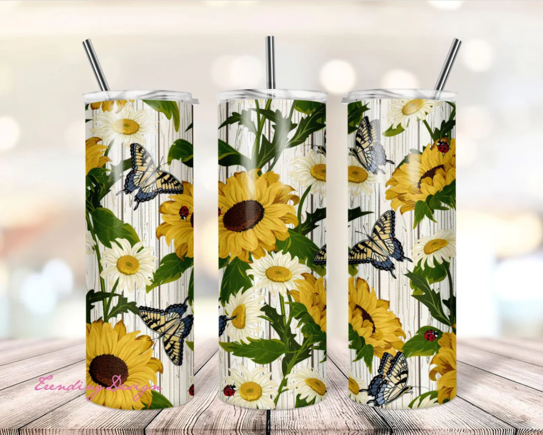 Sunflower Design on Stainless Steel Skinny Tumbler