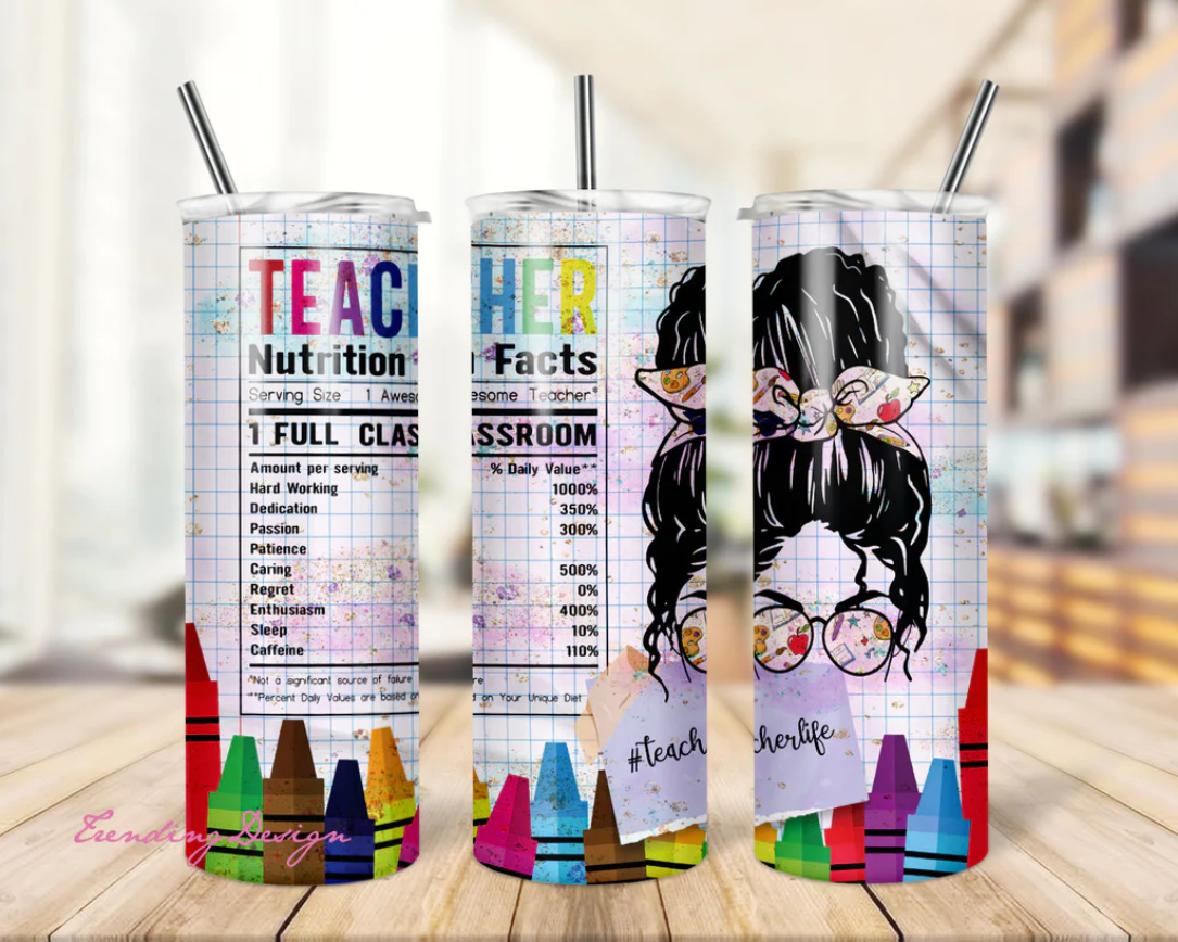 Teacher Nutrition graphics on stainless steel skinny tumbler