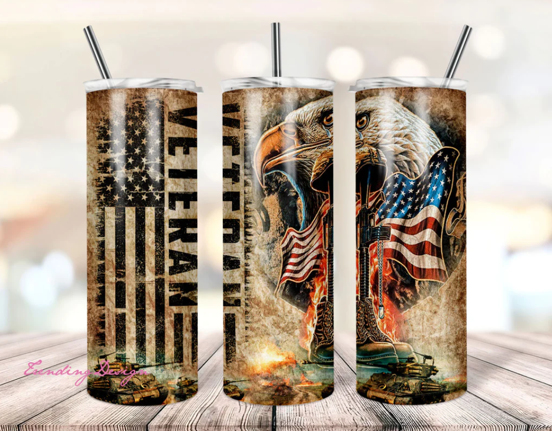 Eagle Veteran graphics on stainless steel skinny tumbler