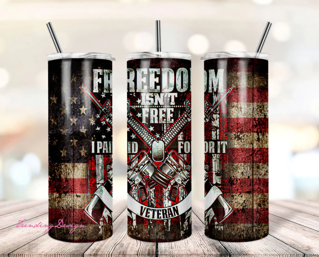 Veteran Freedom graphics on stainless steel skinny tumbler