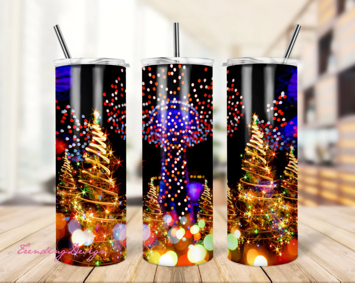 Christmas tree graphics on stainless steel tumbler